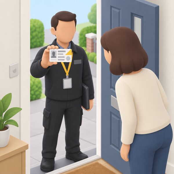 A gas engineer at a doorway holds up their Gas Safe ID card at eye level while a householder leans in to check it, the card's front facing the viewer with the photograph area, date bands, licence number block and hologram shown as plain blank shapes.