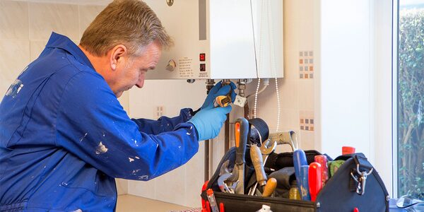 An engineer in blue overalls servicing a wall-mounted gas boiler in a kitchen, with a tool bag in the foreground