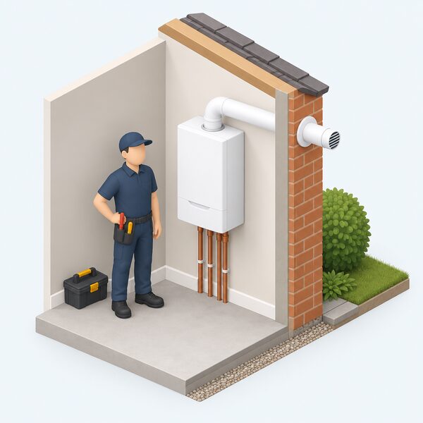 A newly installed condensing gas boiler mounted on an indoor wall, with a Gas Safe engineer's simplified figure standing beside it and its horizontal flue pipe passing through the outside wall to terminate outdoors.