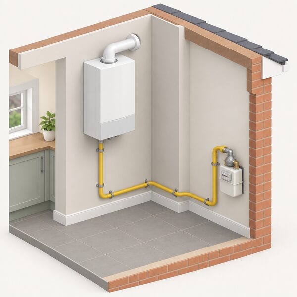 A cutaway interior wall of a home showing a wall-mounted condensing gas boiler with its gas supply pipe running down and along to a gas meter on an adjacent wall, illustrating the household's connection to the mains gas grid.
