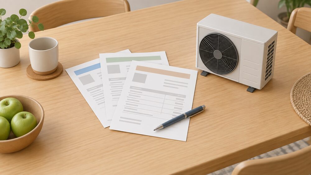 A kitchen table seen from above with three separate blank quotation documents fanned out, a pen resting on them, and a small model of an air source heat pump outdoor fan unit standing beside the papers.