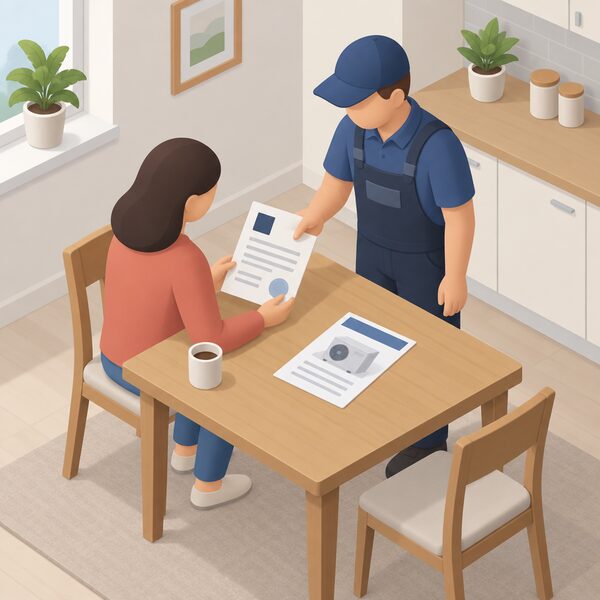 A householder at a kitchen table holds a printed certificate while an installer stands beside pointing to a plain certification mark block on it, with a heat pump quote sheet lying nearby.