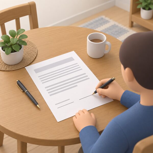 A printed installation contract lying on a household table, its signature block showing blank lines, with a pen resting beside it and a hand about to sign, representing the paperwork stage agreed after the quote.