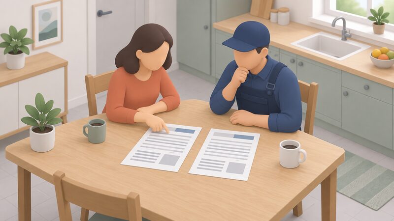 A householder and an installer sit at a kitchen table comparing two printed quotation sheets laid side by side, each showing the same blocks of specification detail, with the householder pointing between them to check they describe the same job.