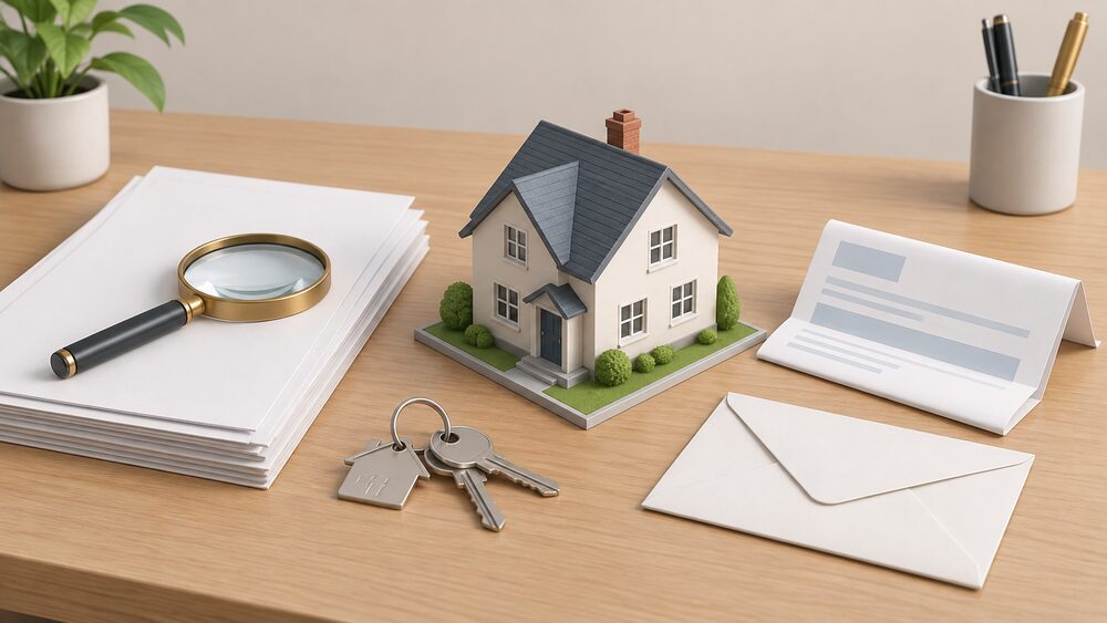 A solicitor's desk at a house sale: a small model house sits centrally beside a stack of blank paperwork, a set of house keys, a plain envelope and a folded electricity bill, with a magnifying glass resting on the papers.