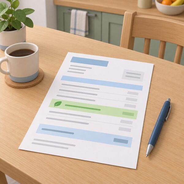 A household electricity bill lying on a kitchen table beside a pen, drawn as a physical sheet with plain colour bands and blank lines, one band clearly marked as an added charge line so the illustration shows the green deal loan charge being repaid through the electricity bill.