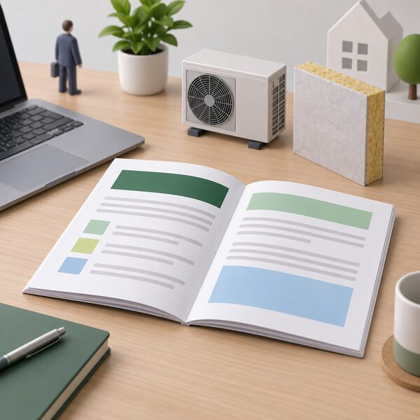 A printed official compliance guidance document lying open on a business desk, its pages showing plain colour bands and blank lines instead of readable text, beside a laptop and a small model of a heat pump and insulation panel suggesting green heating and insulation marketing.