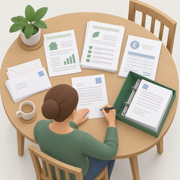 A kitchen table seen from above with a household's Green Deal paperwork laid out: an assessment report, plan documents, a quote and letters of correspondence, with a person's hand dating and filing one letter into the record.