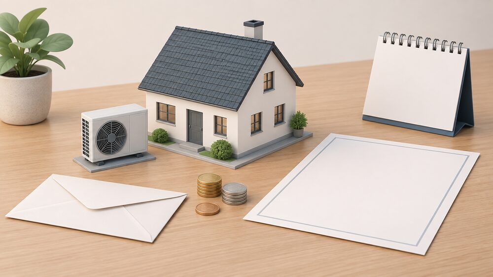 A small model of a house with an air source heat pump unit beside it stands on a table next to a blank voucher-style document, a sealed envelope, a few coins and a closed calendar, suggesting a closed grant scheme and the paperwork left behind.