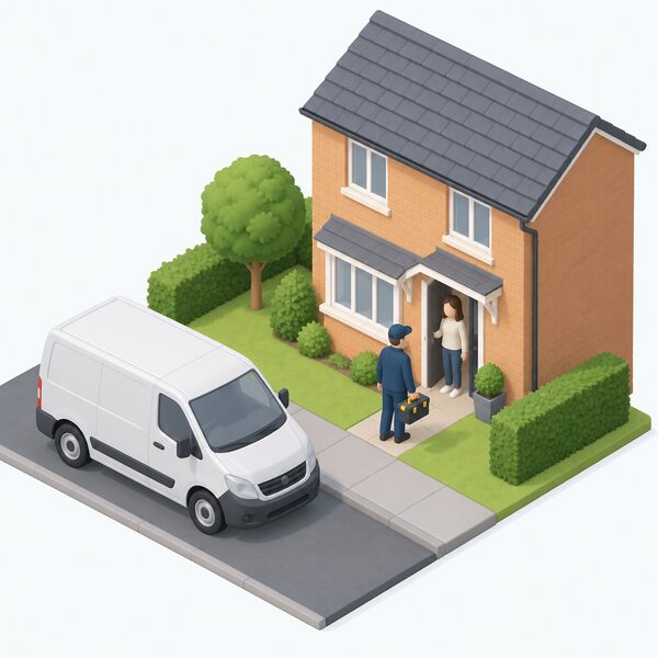A TrustMark registered installer tradesperson, shown as a simplified isometric figure in plain work clothing carrying a toolbox, arrives at the front door of an ordinary UK house where the homeowner greets them, with a van at the kerb, before any installation work begins.