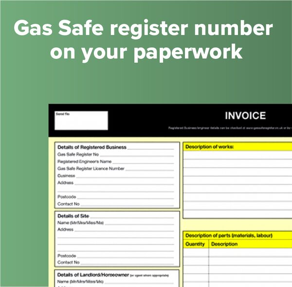 A sample invoice document showing where the Gas Safe register number appears on engineer paperwork