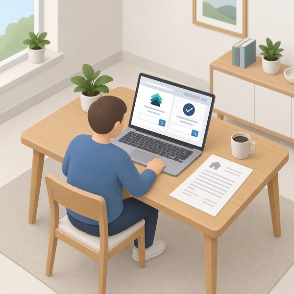 A householder at a table in a home setting looks at a laptop screen showing a plain webpage with blank search fields and simple colour blocks, checking an installer's registration details, with a paper installer quotation lying beside the laptop.