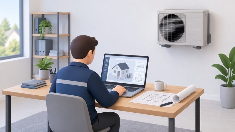 A heating engineer sits at a laptop showing heat pump design software on screen, with a wall-mounted air source heat pump unit on the wall behind, depicting design work done before installation.