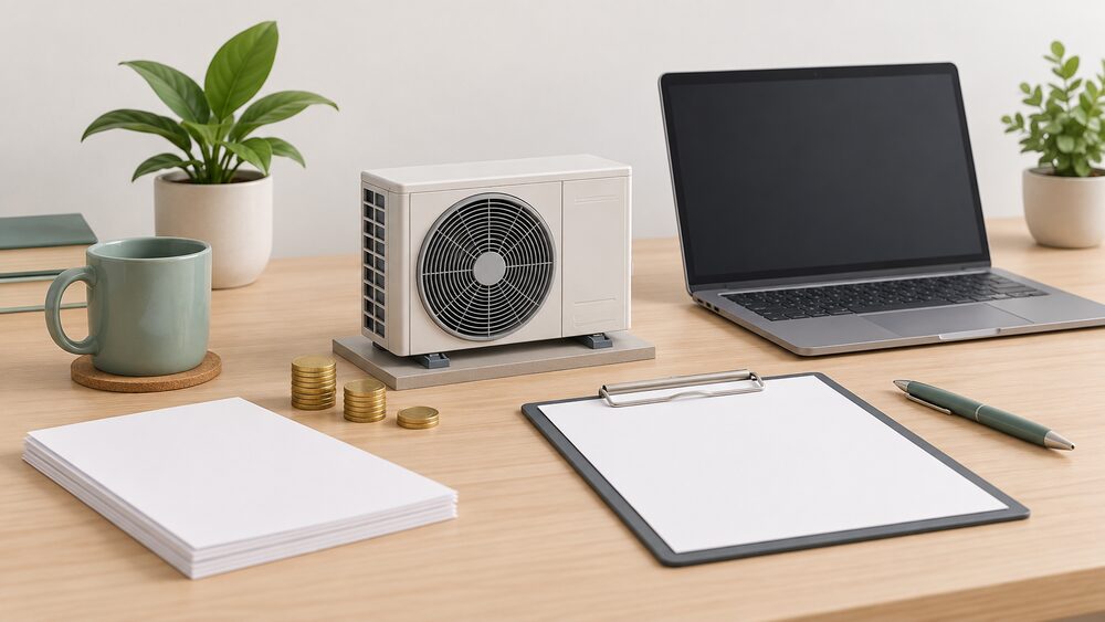 A small model of an air source heat pump fan unit stands on a table beside blank paperwork, a laptop with a blank screen, a clipboard and a few coins, suggesting a householder comparing quotes and grant paperwork before booking an installation.