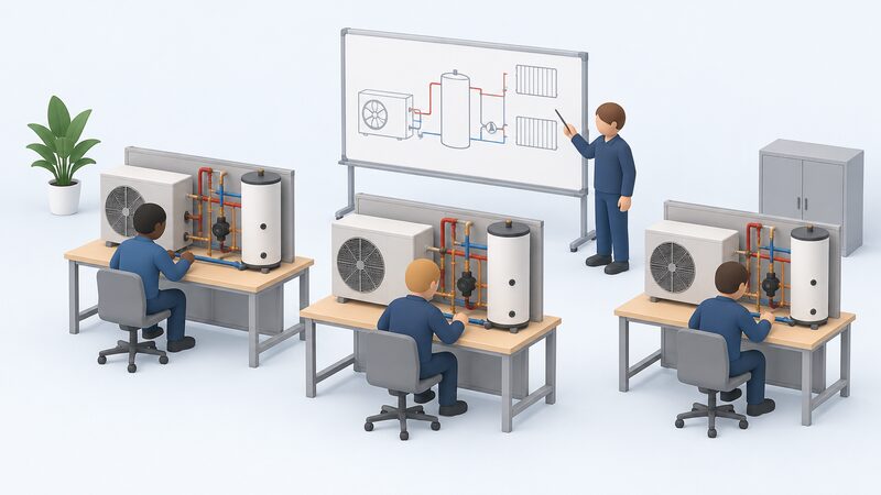 A training room where simplified engineers sit at benches working on a heat pump rig with visible pipework and cylinders, while a trainer points to a whiteboard covered in plain system diagrams of heating circuits.