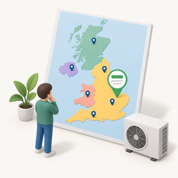 A simplified map of the UK shown as a screen or printed sheet, with plain colour regions and small location pins, one pin carrying a plain badge marker with a colour band and blank lines instead of words, representing a verified heat pump installer a householder looks for.