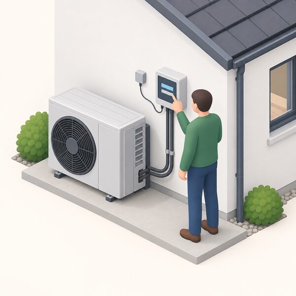 An air source heat pump unit on the outside wall of a home, connected by a cable and small sensor leads to a compact digital monitoring box mounted nearby, with a simplified isometric figure checking the box's plain screen, showing how continuous monitoring catches a performance shortfall.