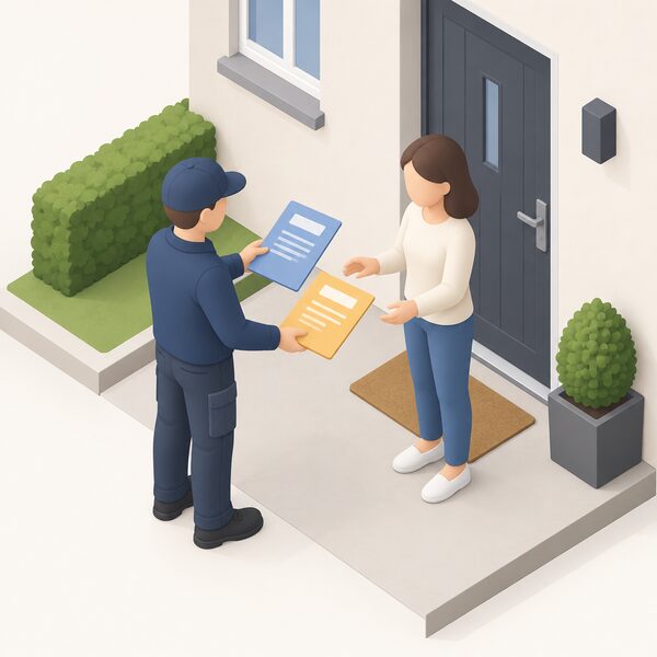 Outside a home's front door before any work begins, a heat pump installer in plain work clothing hands two separate written guarantee documents to a householder, one manufacturer's warranty and one installer's workmanship guarantee, shown as physical paper folders with blank line blocks.
