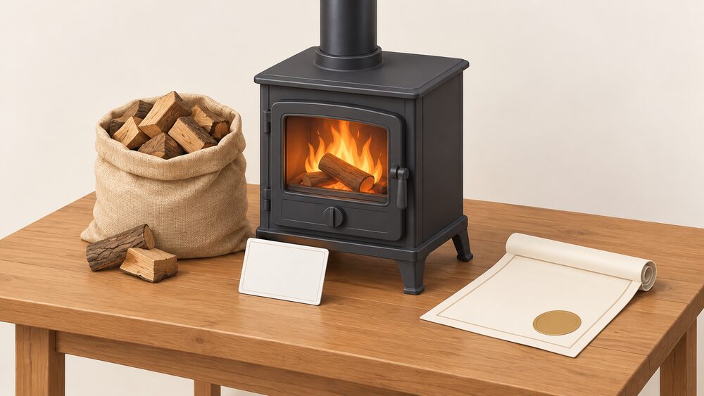 A small wood-burning stove stands beside an open sack of solid fuel and a rolled certificate document on a wooden table, with a blank ID-style card propped against the stove, representing the different things the approval marks sit on.