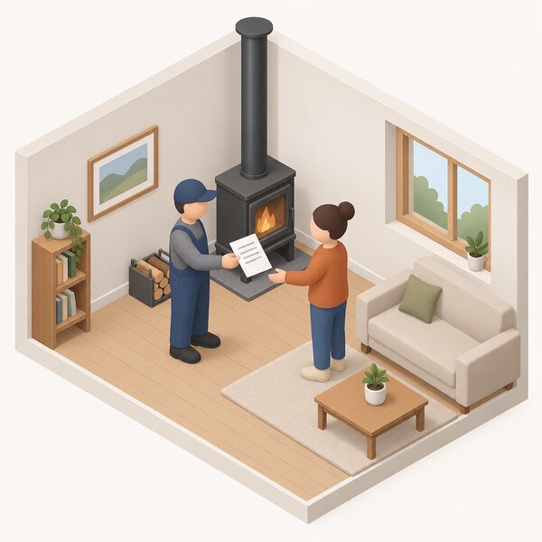 A registered installer, standing beside a freshly fitted wood-burning stove with its flue pipe rising to the ceiling, hands a paper certificate of compliance to the householder in their living room, both figures simplified and isometric with the certificate shown as a plain sheet with blank lines.