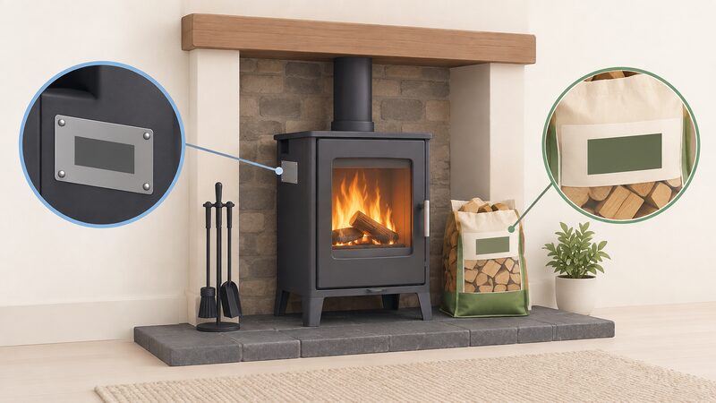 A wood-burning stove with a data plate fixed to its rear or side showing plain blank approval mark blocks, beside a fuel bag resting on the hearth whose packaging carries a separate plain approval mark block, both marks distinct.