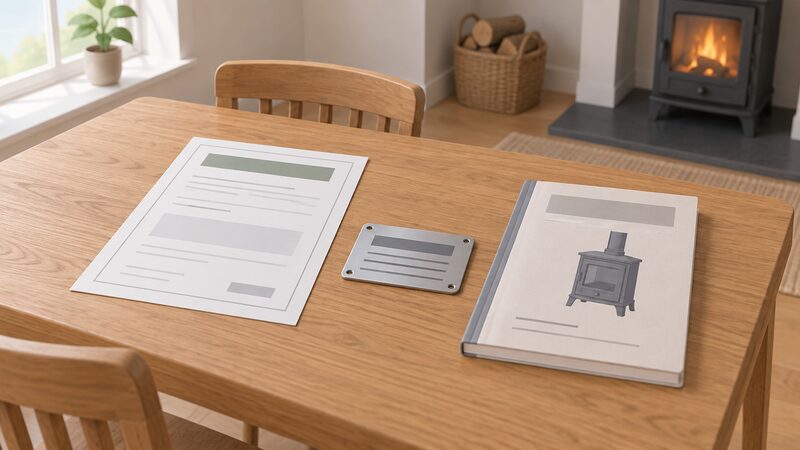 A wooden table at home with a printed HETAS-style certificate of compliance sheet, a small metal stove notice plate and a bound appliance manual laid out side by side, all shown as physical objects with blank lines and plain blocks instead of readable text.