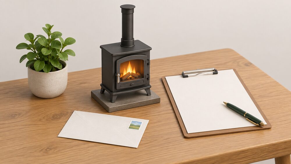 A small model of a wood burning stove with its flue pipe stands on a wooden table beside a blank certificate document on a clipboard, a pen resting on the papers, and a stamped envelope ready to post.