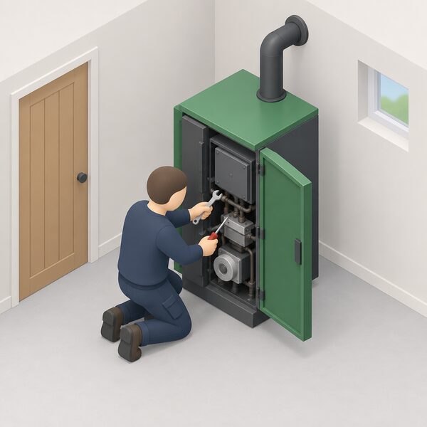 A maintenance engineer in plain work clothing kneels beside a domestic biomass boiler, its front access panel open, using a spanner and screwdriver on the boiler's internal components in a utility room.