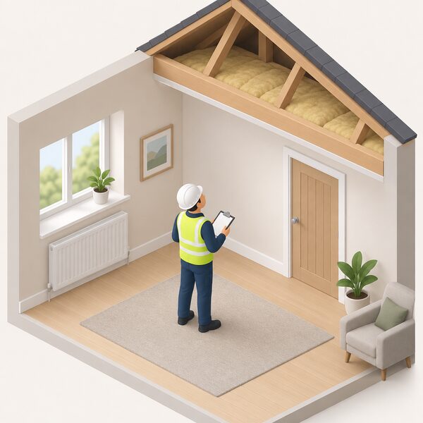 A small simplified installer figure stands inside a plain home room, clipboard in hand, looking up at the wall and loft area while assessing the property to identify suitable energy measures, with no work being carried out.
