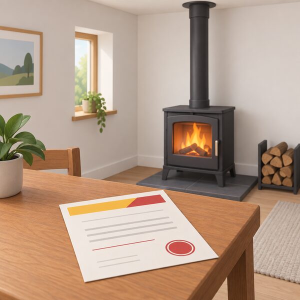 A single paper certificate lying on a wooden table beside a wood-burning stove with its flue pipe rising to the ceiling, drawn as a physical document with plain colour bands and blank lines so no words or figures are readable.