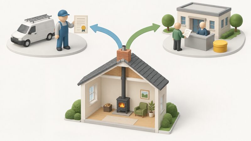 A simple diagram of a house with a wood-burning stove, with two branching paths above it: one leading to a registered installer figure self-certifying with a certificate, the other leading to a local authority building control office with an advance notice and fee payment.