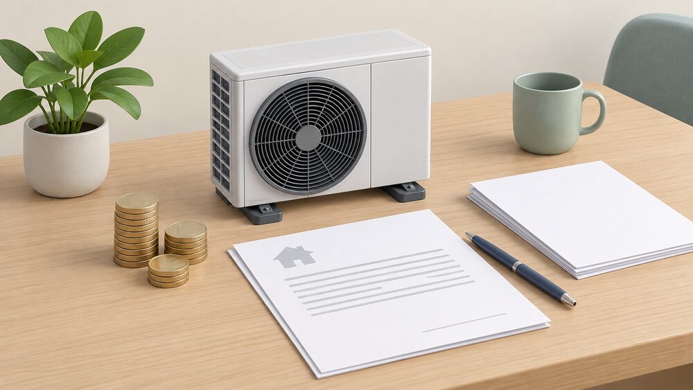 A small tabletop arrangement showing a blank contract and paperwork beside a stack of coins and a small model of an air source heat pump, representing the moment a household pays a deposit to an installer under consumer code protection.