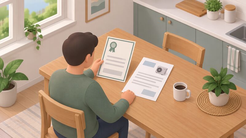 A homeowner at a kitchen table holding a consumer code membership certificate in one hand while reading a heat pump quotation sheet laid flat beside it, both shown as physical documents with blank lines and plain blocks instead of readable content.