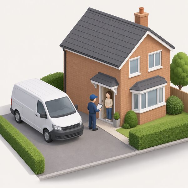 An installer's van parked outside a domestic house, with the installer standing at the door or on the drive holding a clipboard, ready to survey and quote for a small-scale heat and power generator installation.