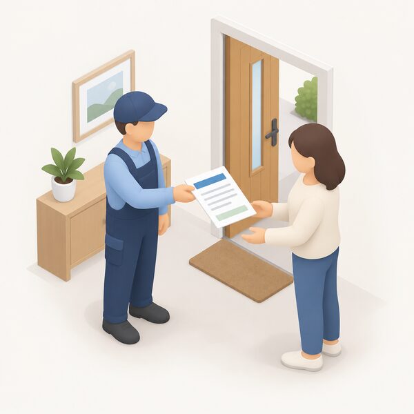 At a home handover, a small isometric installer figure passes a printed workmanship warranty document to a householder, the sheet showing only blank lines and plain colour bands where the installation details, date and scope would appear.