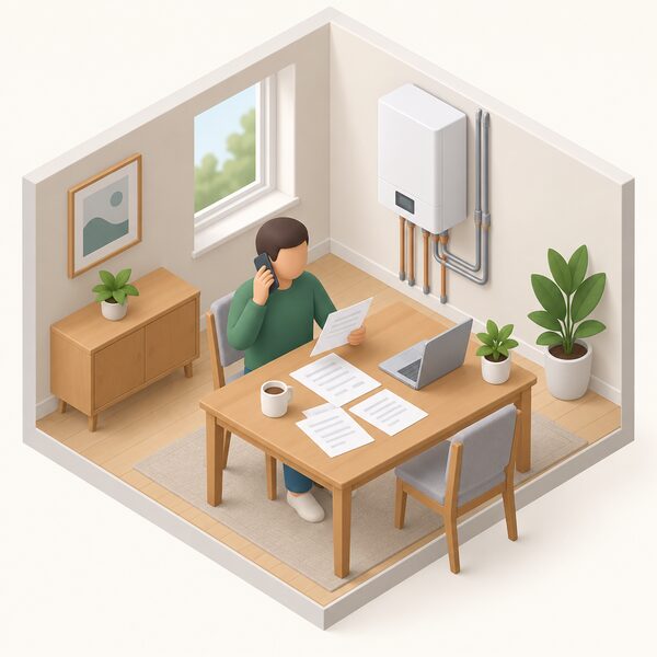 A householder at home, seated at a table with a heat network heating unit visible in the room, speaks on the phone while holding a complaint letter, with plain document sheets spread on the table representing the free and independent dispute resolution discussion with their heat network supplier.