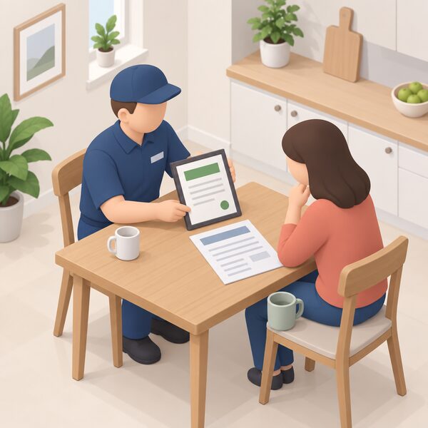 A householder and a small installer figure at a kitchen table, the installer handing over a framed consumer code membership certificate while the householder compares it with a quote document laid out beside it, the certificate's content shown only as blank lines and a plain colour band.