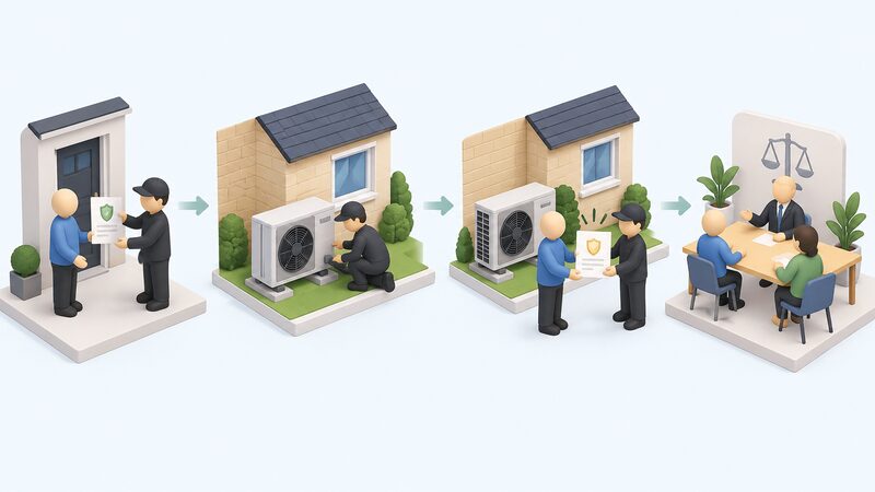 A single home energy installation shown as three connected stages: an installer fitting a heat pump outside a house, a deposit protection document handed over at the start, an insurance-backed guarantee certificate at completion, and a dispute resolution panel scene at the end.