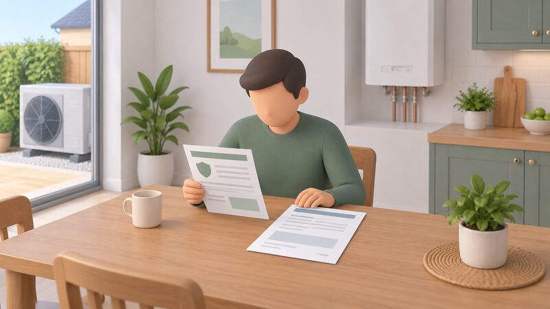 A householder seated at a kitchen table holding a deposit protection certificate while comparing it with an installation contract laid open beside it, both documents shown as physical sheets with blank lines and plain blocks instead of readable content.