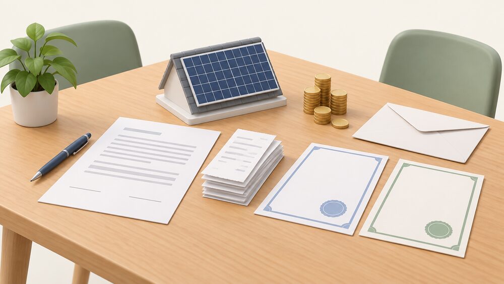 A kitchen table with a blank contract, a stack of payment receipts and two blank certificates laid out, beside a small model of a rooftop solar panel and a neat pile of coins representing a deposit, with an empty envelope waiting to be posted.