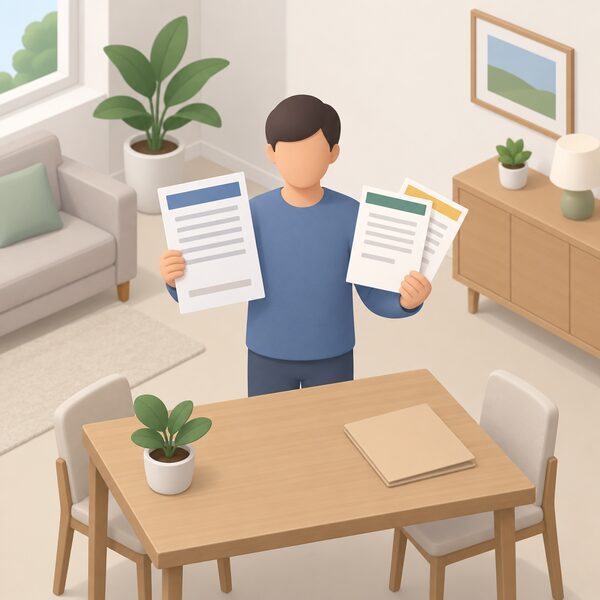 A homeowner standing indoors at a table holding a written confirmation sheet and protection certificates for their installation, the paperwork shown as physical documents with blank lines and plain colour bands so no words or figures are readable.