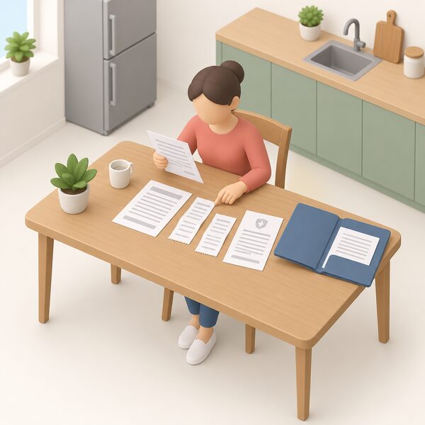 A householder at a kitchen table sorting a folder of paperwork: a contract, several receipts and written guarantee documents laid out and being checked one by one, with the folder open beside them.