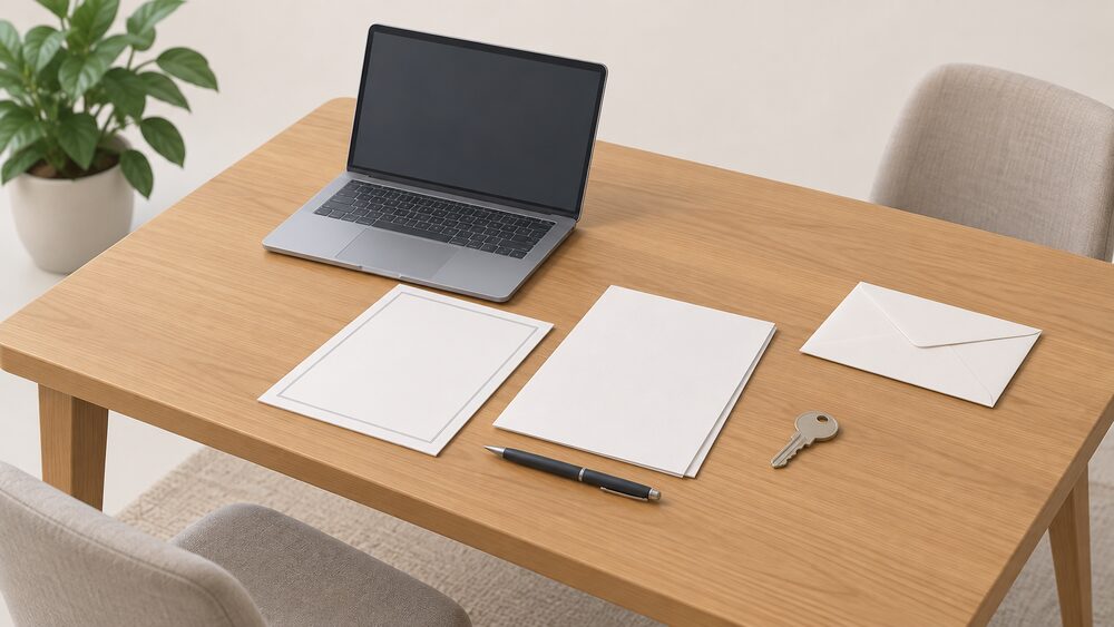 A kitchen table with a blank contract and certificate papers, a laptop with a blank screen, a pen, an envelope and a house key laid out, showing the moment a household checks and signs up an installer before any work begins.