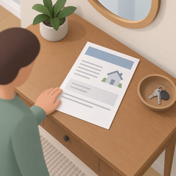 A paper certificate of lodgement lying on a hall table beside a householder's hand, drawn as a physical document with a plain header band, blank lines and a simple house icon, recording an installed measure against the property.