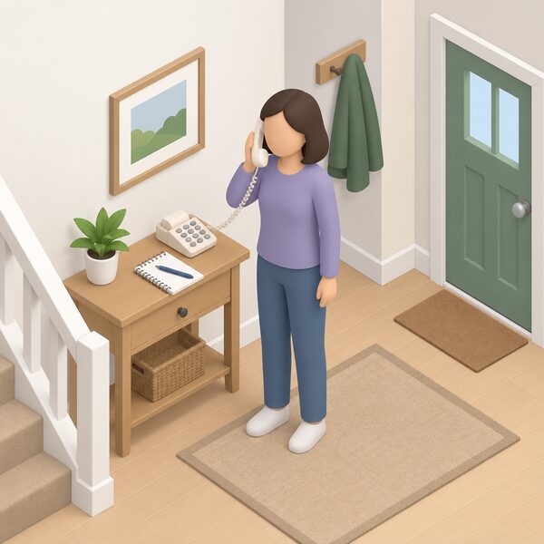 A simplified householder standing in a home hallway holding a telephone handset to their ear, making the first-step complaint call to their installer, with a notepad and pen resting on a nearby table ready to note details of the call.
