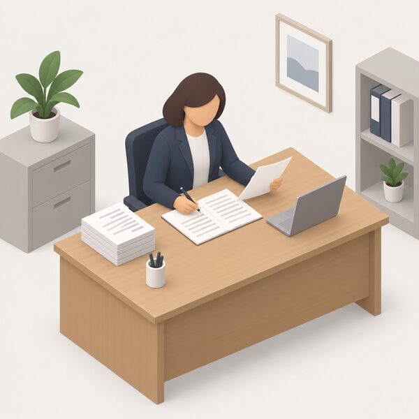 A simplified isometric figure of an ombudsman seated at an office desk, impartially reviewing a small stack of complaint papers about an energy dispute, with a plain document open before them and a pen in hand, in a simple neutral office setting.