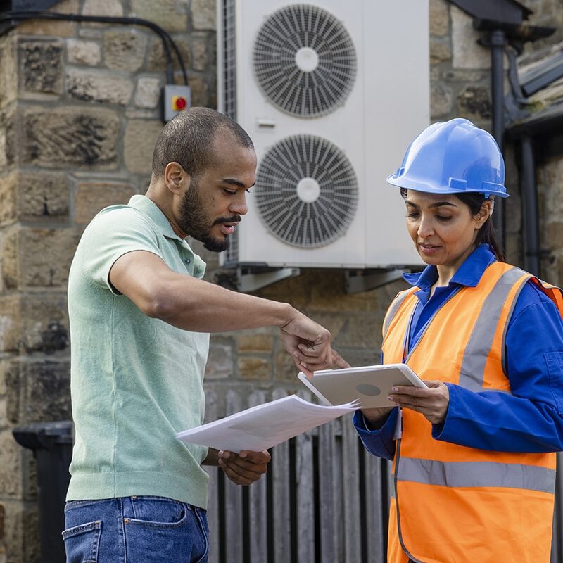 An installer in a hard hat and hi-vis vest and a householder with documents discussing an air source heat pump mounted on a stone house wall