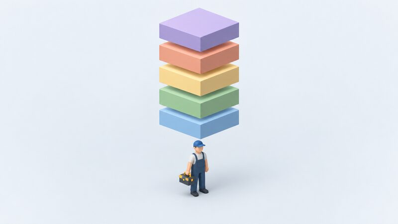 A simplified diagram of one small installer figure at the centre with plain unlabelled stacked blocks above representing, in layers, a certification body, MCS and TrustMark registration, a consumer code and competent person scheme, and an ombudsman block at the top.
