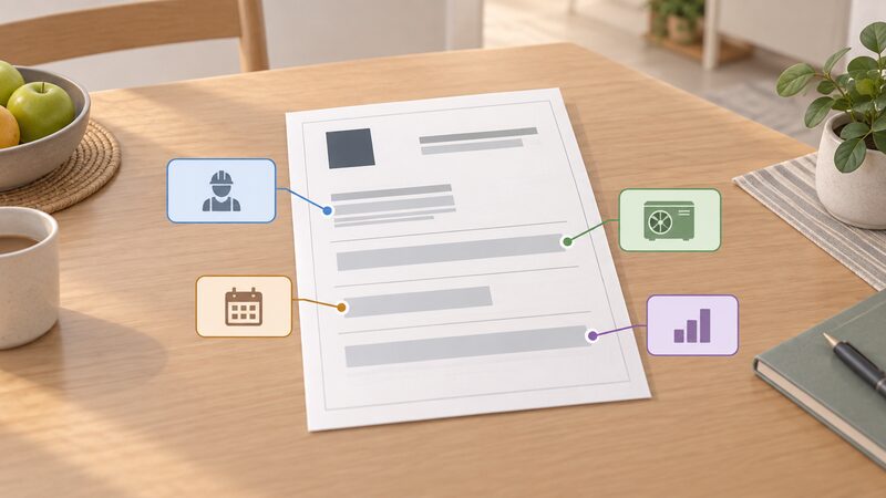 A single printed MCS certificate lying on a household table, shown as a physical document with blank lines and plain blocks marking the installer details, product, commissioning date and estimated annual performance, with no readable words or figures.