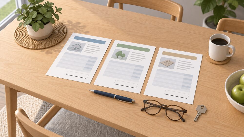 A kitchen table in daylight with three separate written quotation documents laid side by side for comparison, each with a blank total line, beside a pen, a pair of reading glasses and a house key resting on the papers.